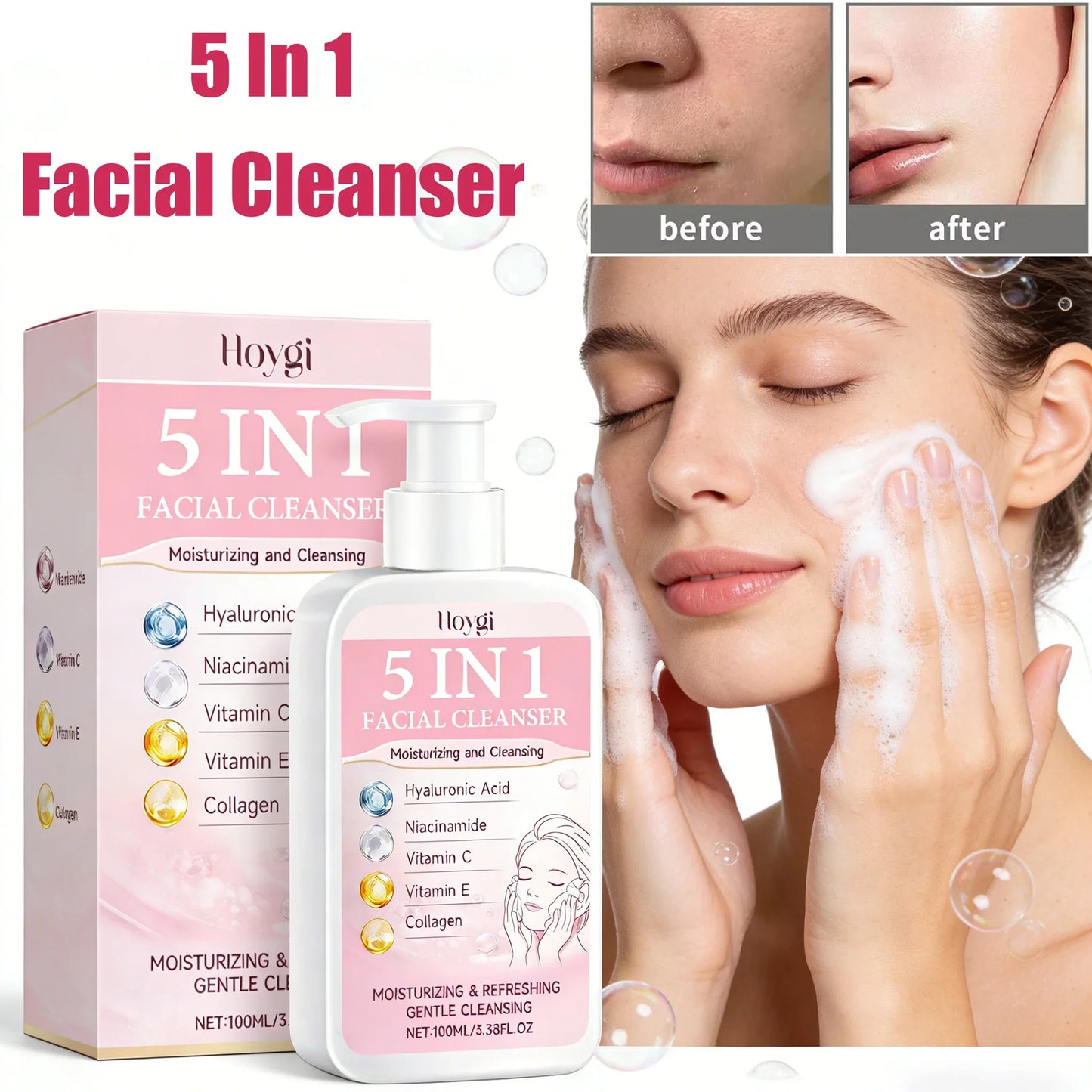 Hoygi 5-in-1 Facial Cleanser – Hydrating Foam, Vitamin C