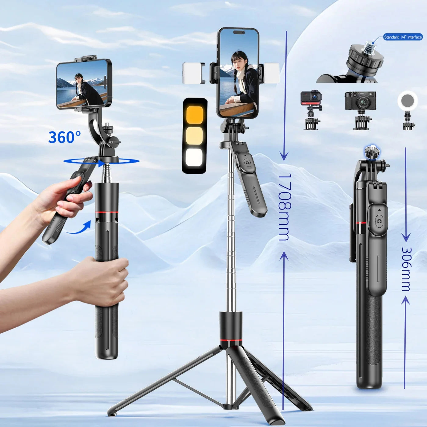 Selfie Stick 1.7 Meter Ultra Long Stretch Portable debounce Phone Holder Bluetooth Remote With Fill light Tripod Stand For Live Peaceful Pleasures Health and Wellness