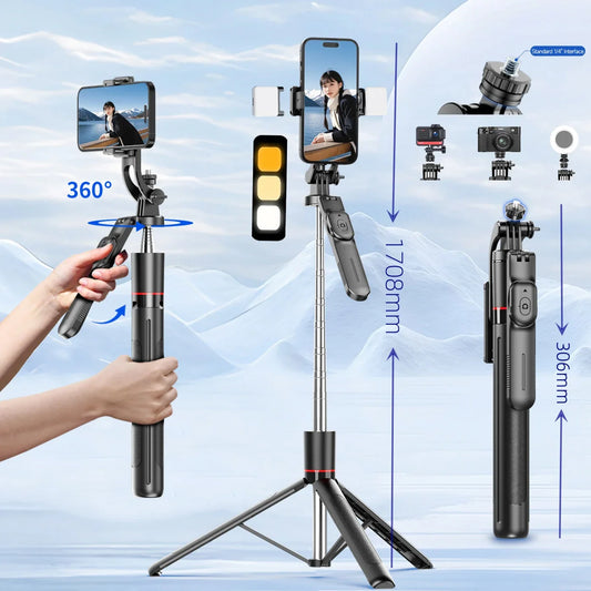 Selfie Stick 1.7 Meter Ultra Long Stretch Portable debounce Phone Holder Bluetooth Remote With Fill light Tripod Stand For Live Peaceful Pleasures Health and Wellness