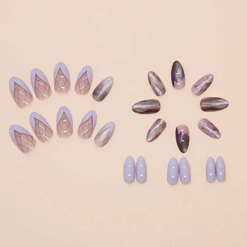 24pcs Purple False Nails with Grid Printed Gradient Purple Fake Nail Tips Full Cover Wearable Ins Franch Almond Press on Nails Peaceful Pleasures Health and Wellness