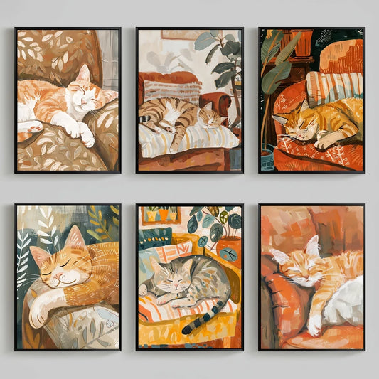 Nordic Wall Art Cute Cat Sleeping Gouache Vintage Canvas Painting Nordic Style Poster Prints Bedroom Living Room Wall Decor Peaceful Pleasures Health and Wellness