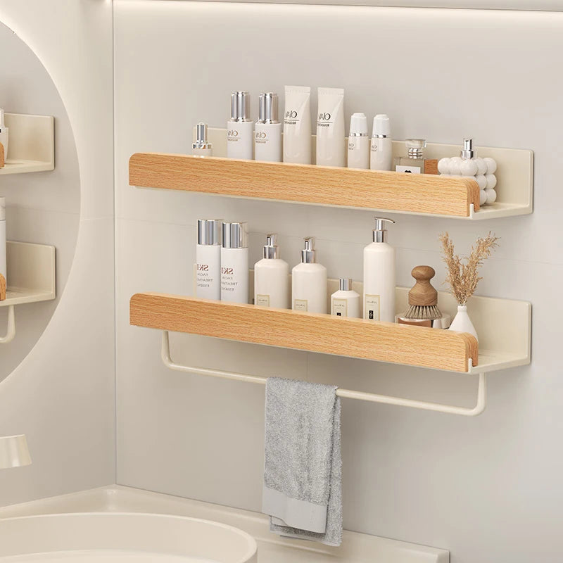 Wall-Mounted Wood & Aluminum Bathroom Shelf | Waterproof Storage