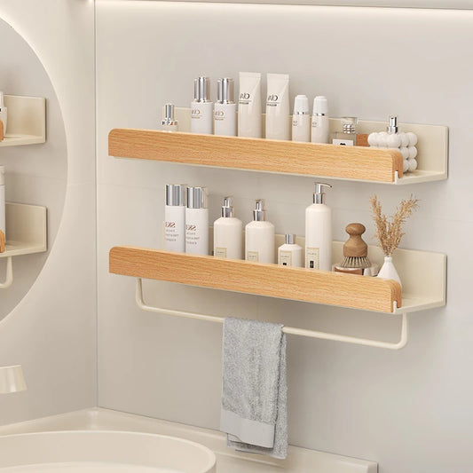 Wall-Mounted Wood & Aluminum Bathroom Shelf | Waterproof Storage Wall Mounted Shelf Peaceful Pleasures Health and Wellness