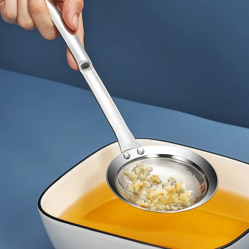 Stainless Steel Large Mesh Strainer With Long Handle Made Of Food Grade 304 Stainless Steel Anti-rust The Heat Resistant Handle Peaceful Pleasures Health and Wellness