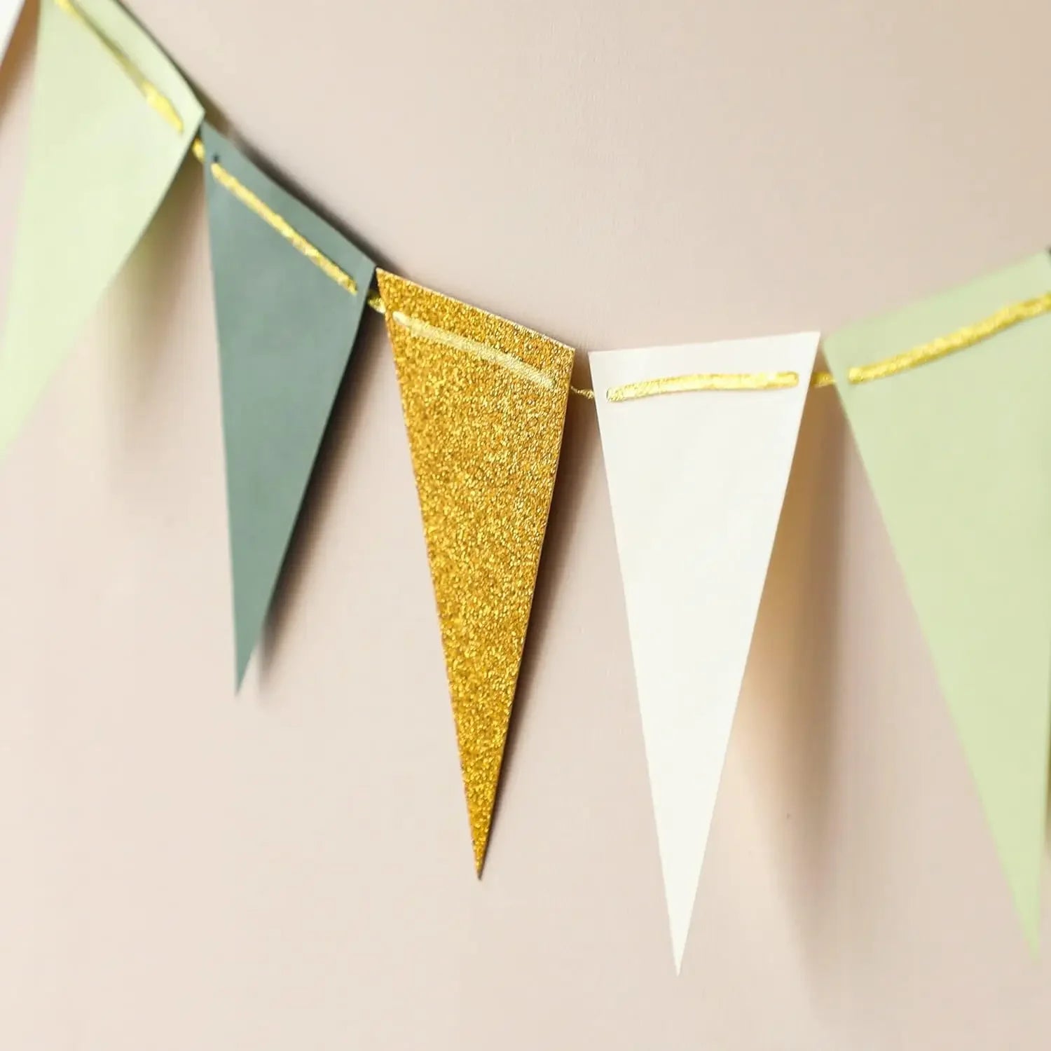 16 pcs flag Large Gold Green(10 Feet), Paper Triangle Flags Bunting for Greenery Shower Wedding Nursery Classroom Birthday Party Peaceful Pleasures Health and Wellness