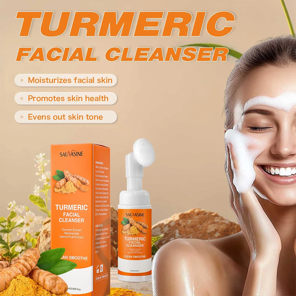 Turmeric Cleanser Moisturize Facial Brightening Skin Tone Daily Face Wash Foam with Brush Skin Care Clean Lemon Fruit Extract Peaceful Pleasures Health and Wellness