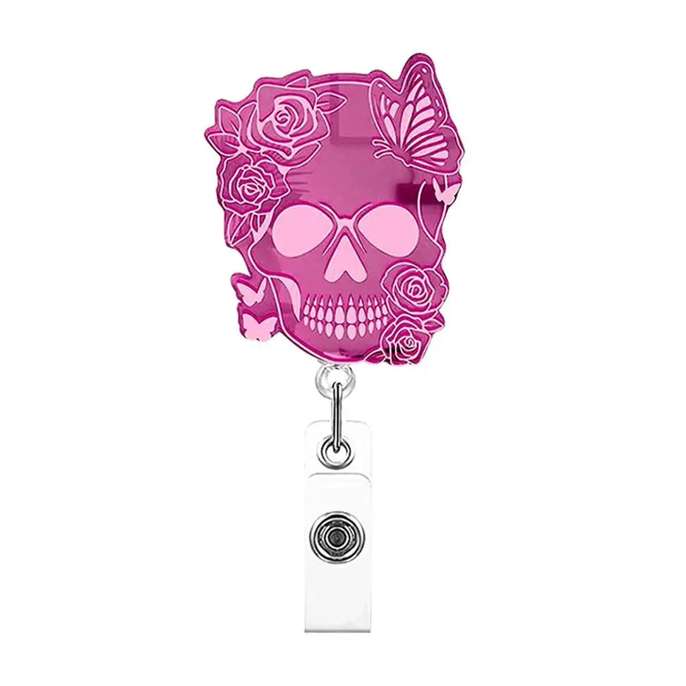 Pink Nurse Retractable Badge Reel Acrylic Skull Name Card Holder ID Card Clips 360 Rotating Alligator Clip Hospital Badge Holder Peaceful Pleasures Health and Wellness --A