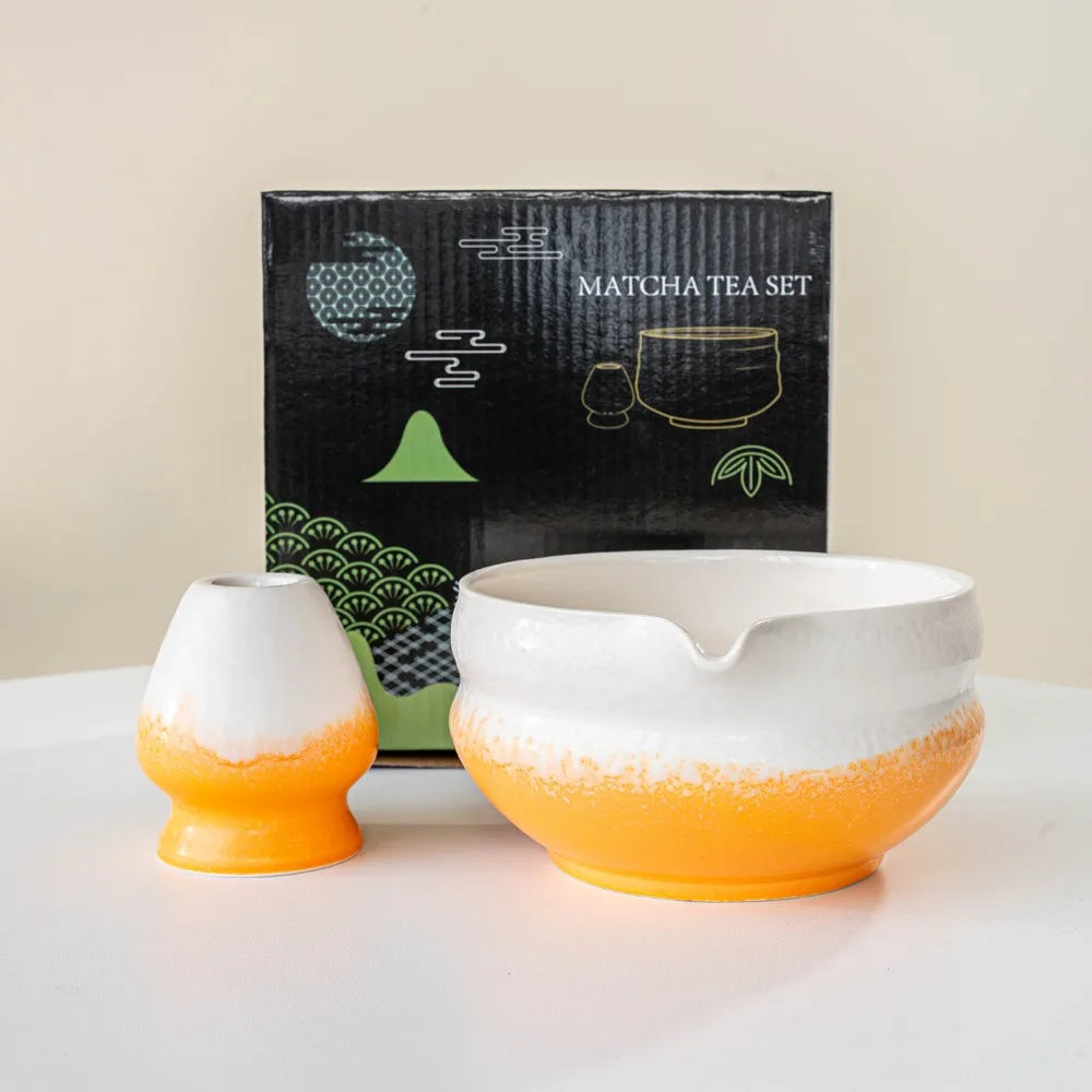 Ceramic Matcha Bowl with Pouring Spout & Whisk Holder Set