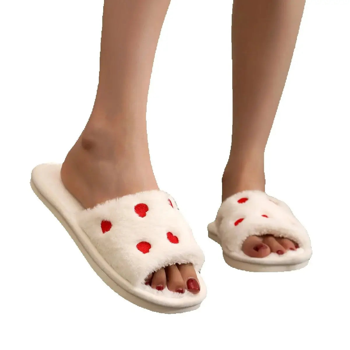 Women's Fluffy Open-Toe Heart Slippers | Cozy Indoor Slides