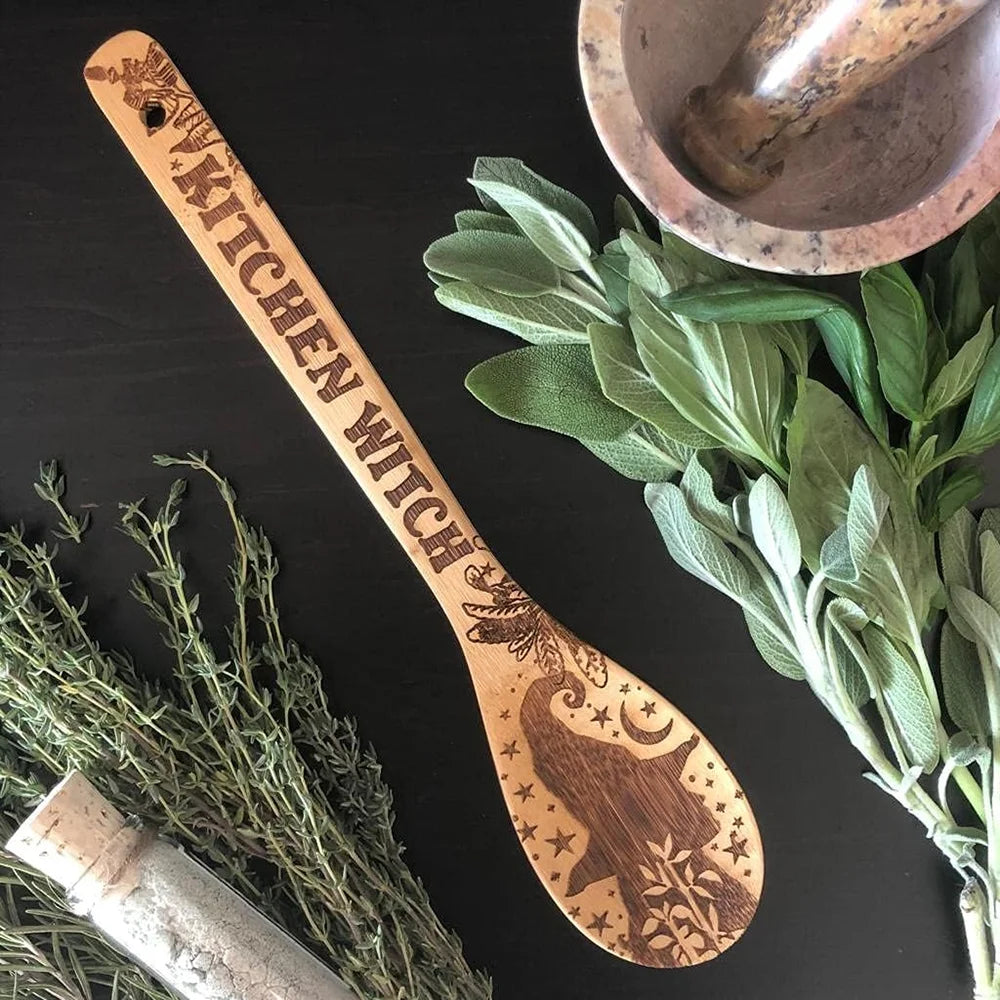 Witchy Bamboo Wooden Spoon Set | Eco-Friendly Kitchen Witch Gift Bamboo Kitchen Utensils Peaceful Pleasures Health and Wellness