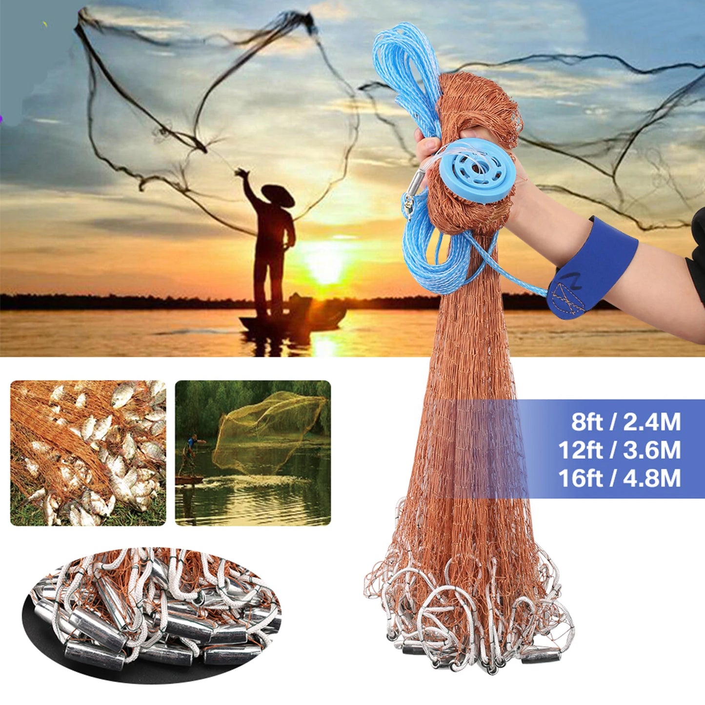 240/360/480CM Diameter Fishing Cast Net Folded Casting Net with Sinkers Throw Nets for Saltwater Fishing Bait Trap Rivers Peaceful Pleasures Health and Wellness
