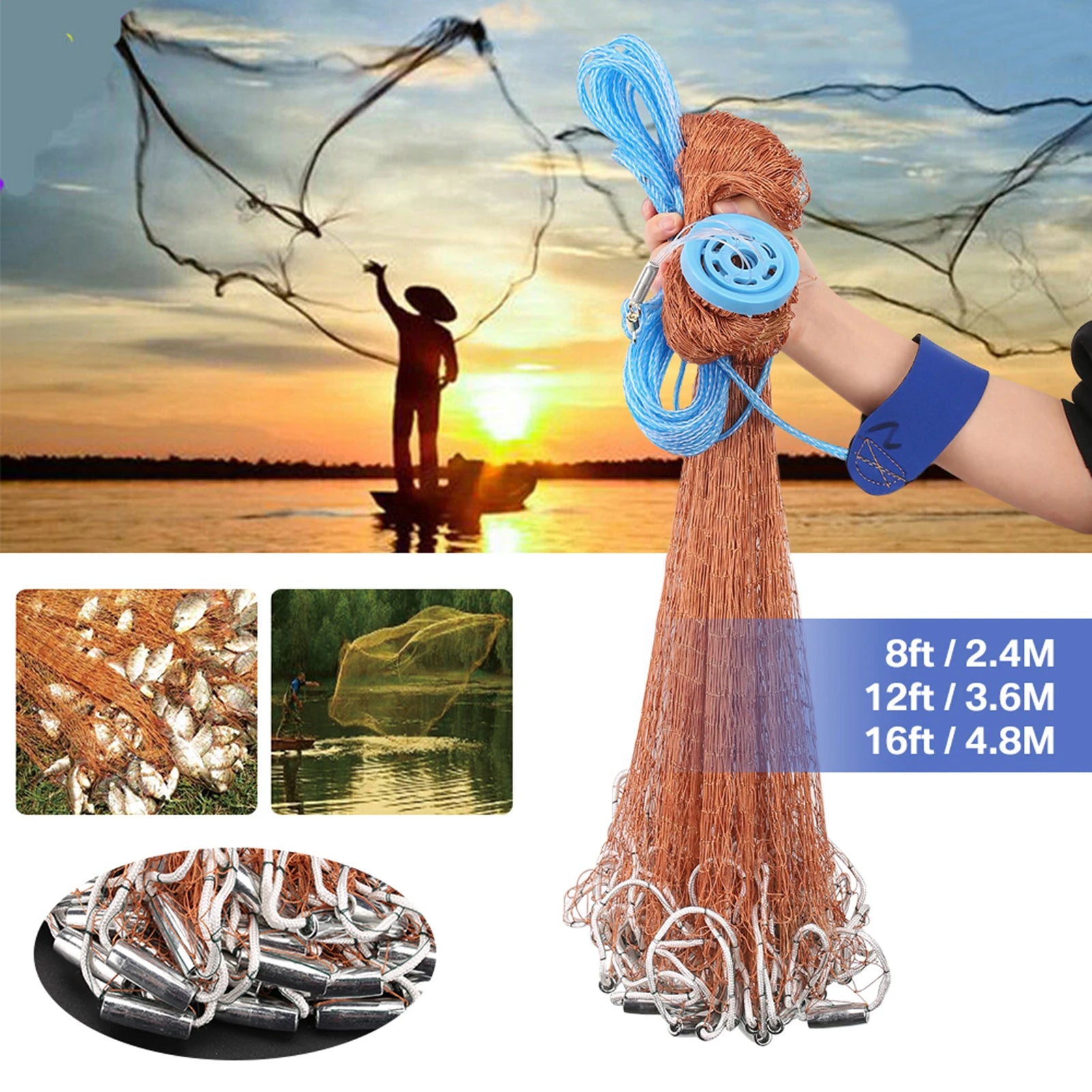 240/360/480CM Diameter Fishing Cast Net Folded Casting Net with Sinkers Throw Nets for Saltwater Fishing Bait Trap Rivers Peaceful Pleasures Health and Wellness