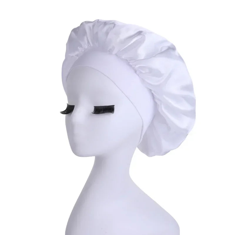 Women's Satin Solid Wide-brimmed Sleeping Hat Night Sleep Cap Hair Care Bonnet Nightcap for Women Men Unisex Cap Bonnet De Nuit Peaceful Pleasures Health and Wellness white