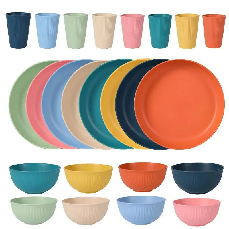4pcs Wheat Straw Dinnerware Set Eco-friendly Safety Plates Cups Bowels Home Party Tableware Set Outdoor Camp Candy Colour Gift Peaceful Pleasures Health and Wellness