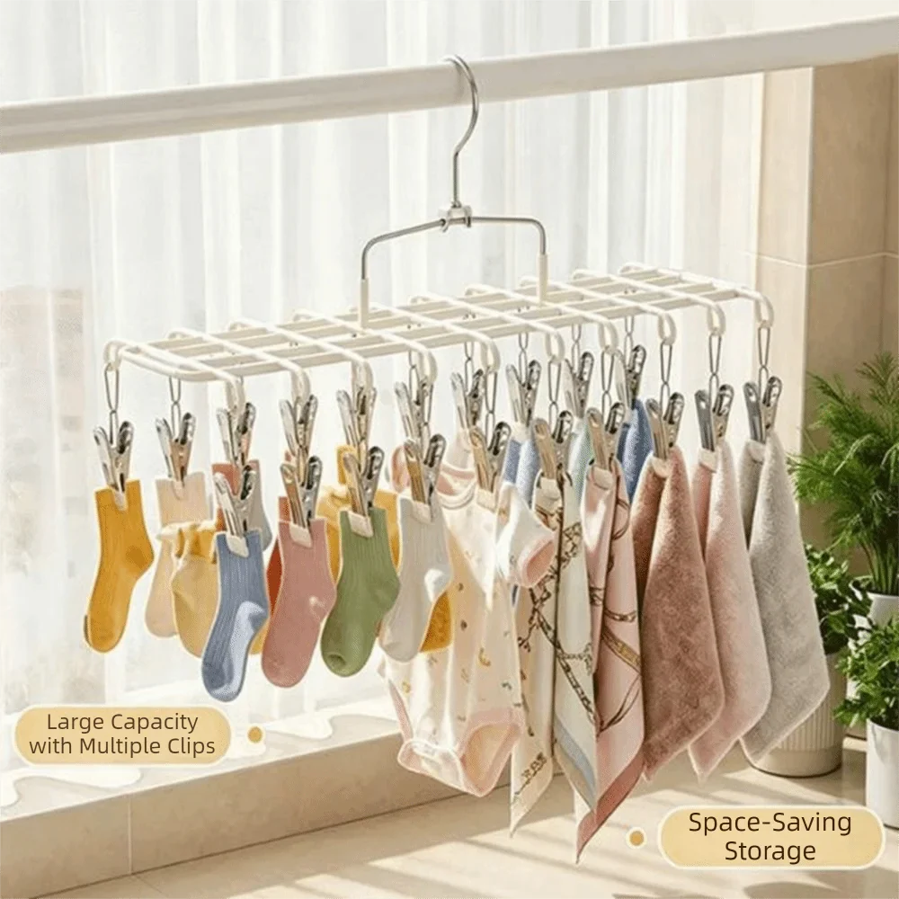20-Clip Stainless Steel Sock Drying Rack – Rustproof & Windproof