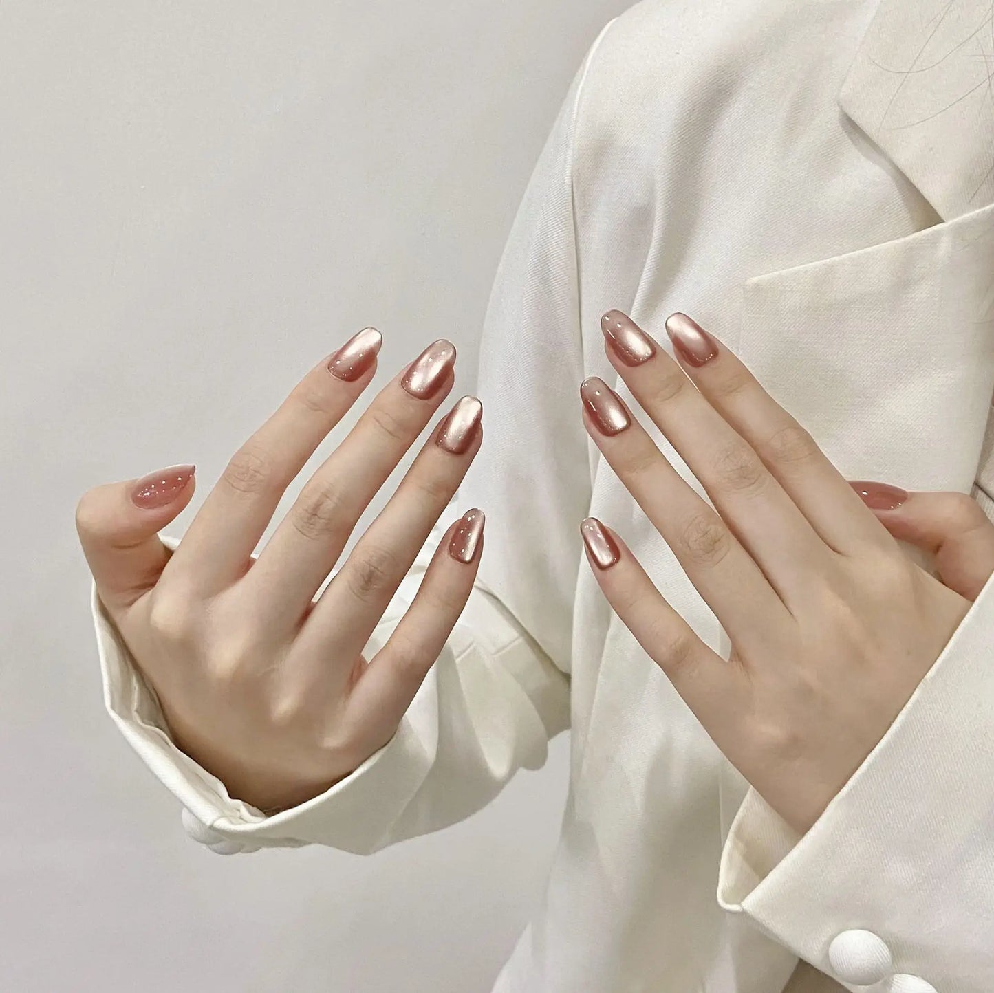 Handmade Press on Nails Sweet Nude Pink Color Cat Eyes Shiny Design Fake Nails for Women Girl Wearable Short Round False Nails Peaceful Pleasures Health and Wellness