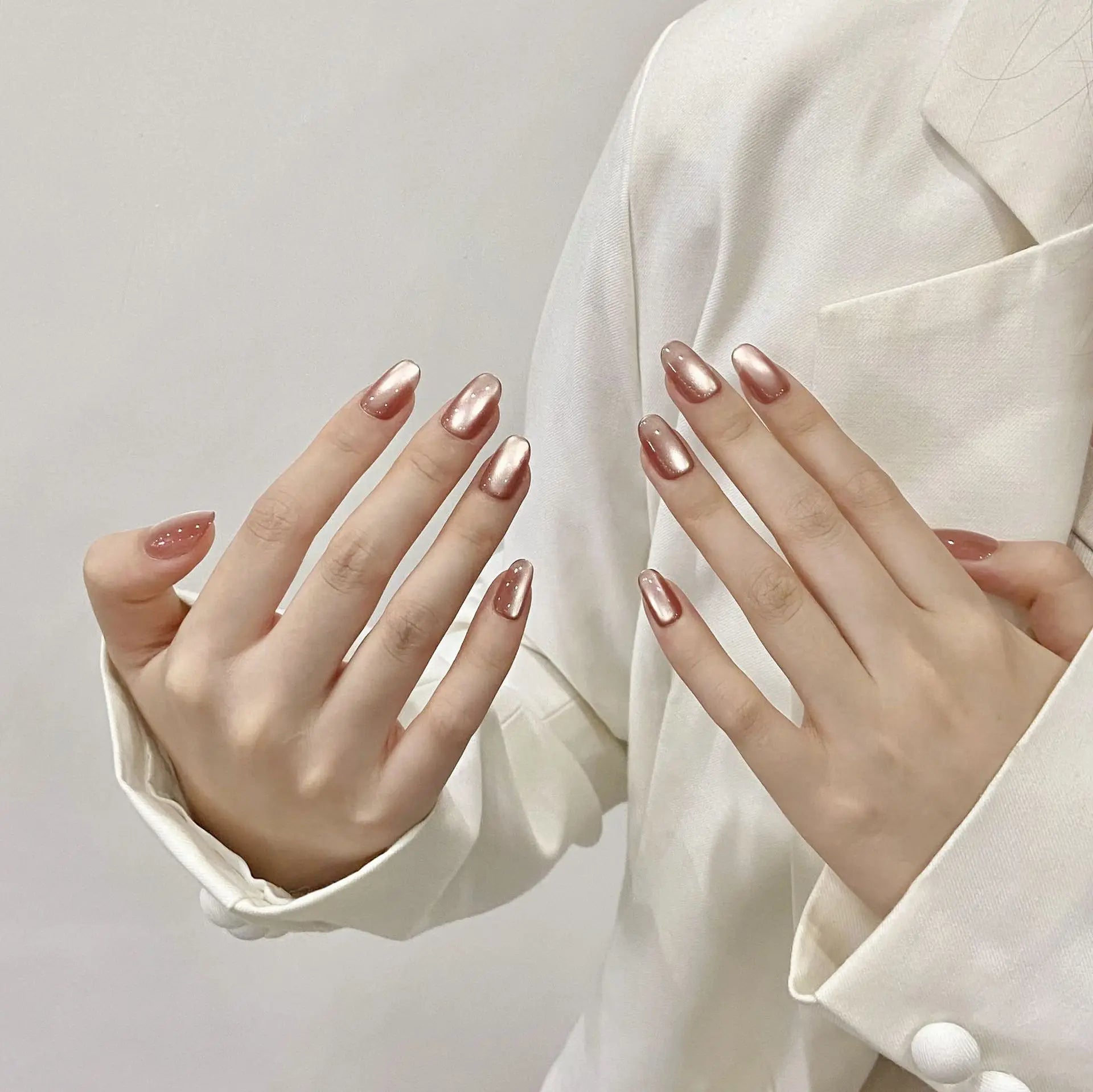 Handmade Press on Nails Sweet Nude Pink Color Cat Eyes Shiny Design Fake Nails for Women Girl Wearable Short Round False Nails Peaceful Pleasures Health and Wellness