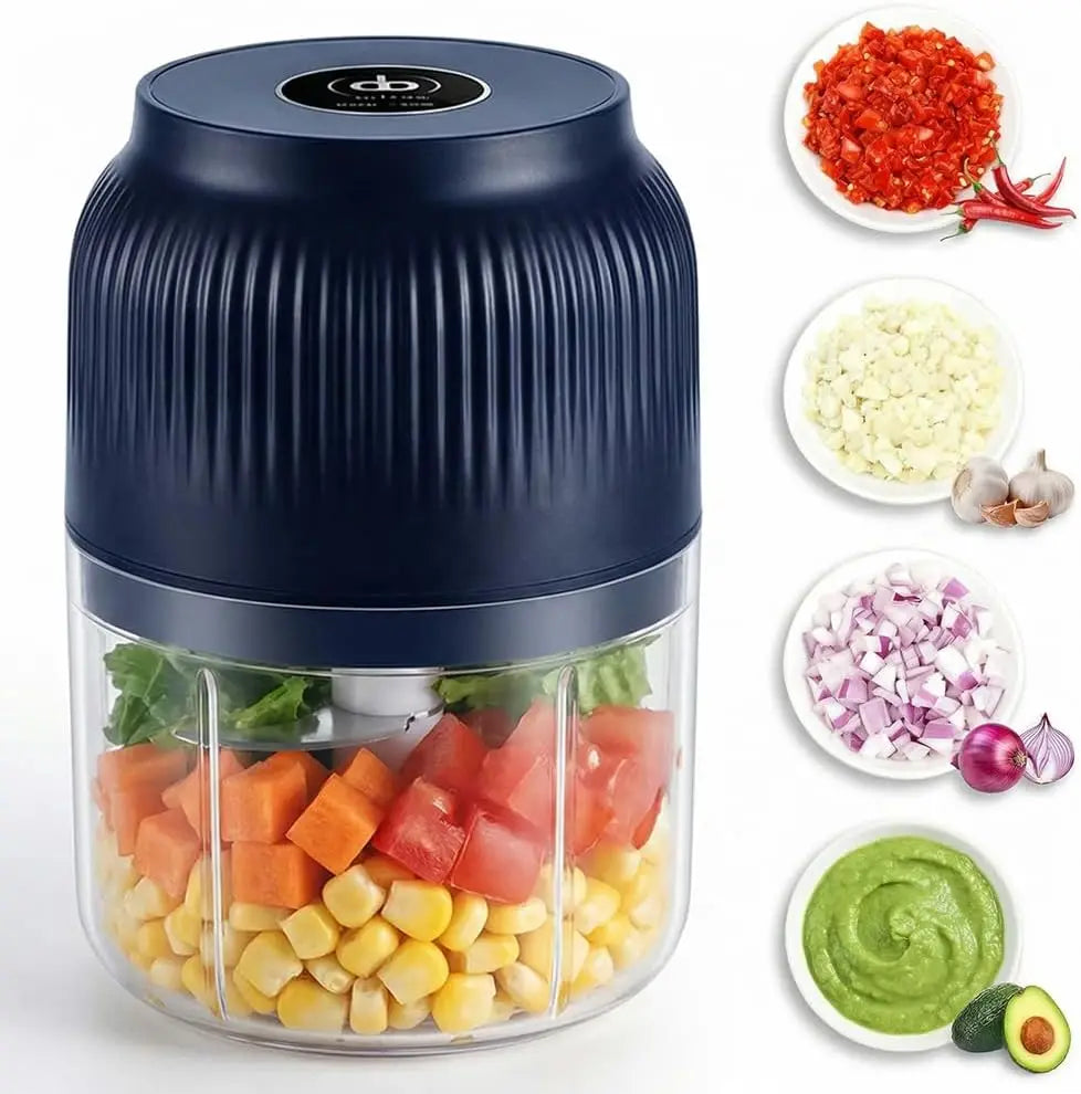 300ml Capacity Electric Garlic Chopper, Mini Portable Veggie Cutter, 4 Sharp Stainless Steel Blades Mini Electric Food Chopper, Compact Size, Easy to Clean, One-Touch Operation (Blue) Peaceful Pleasures Health and Wellness