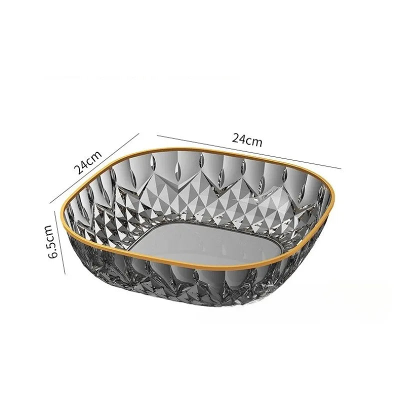 New Household Fruit Bowl Salad Dessert Biscuit Plate Plastic Square Transparent Tray Golden Edge Snack Plates Tableware Peaceful Pleasures Health and Wellness