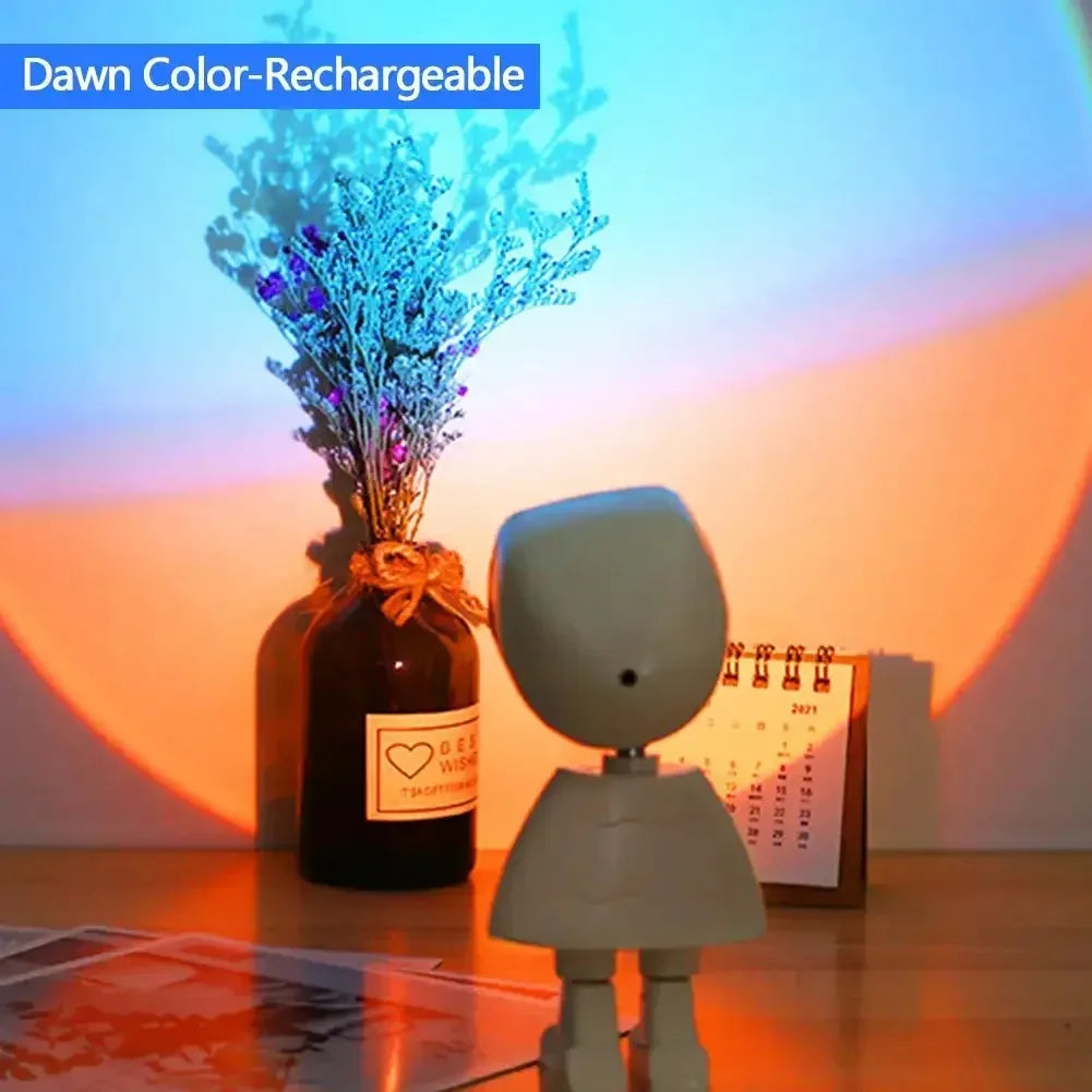 Rechargeable Astronaut Robot Rainbow Projection Sun Lamp Table Night Light Sunset Lamp Infinite Dimming Bedroom Atmosphere Light Peaceful Pleasures Health and Wellness Dawn Color Rechargeable