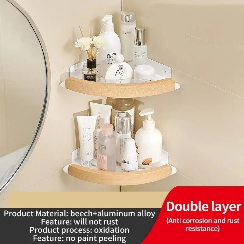 Wood & Aluminum Corner Shower Shelf | Bathroom Wall Organizer