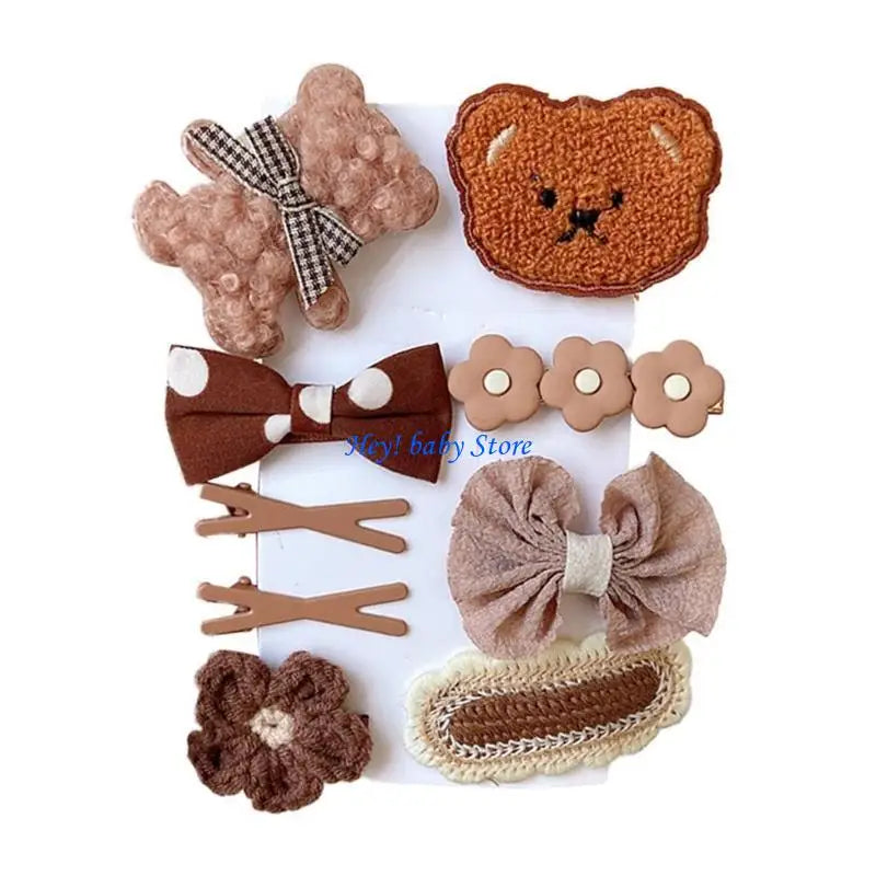 9-Piece Cartoon Bear & Bow Hair Clip Set for Baby Girls