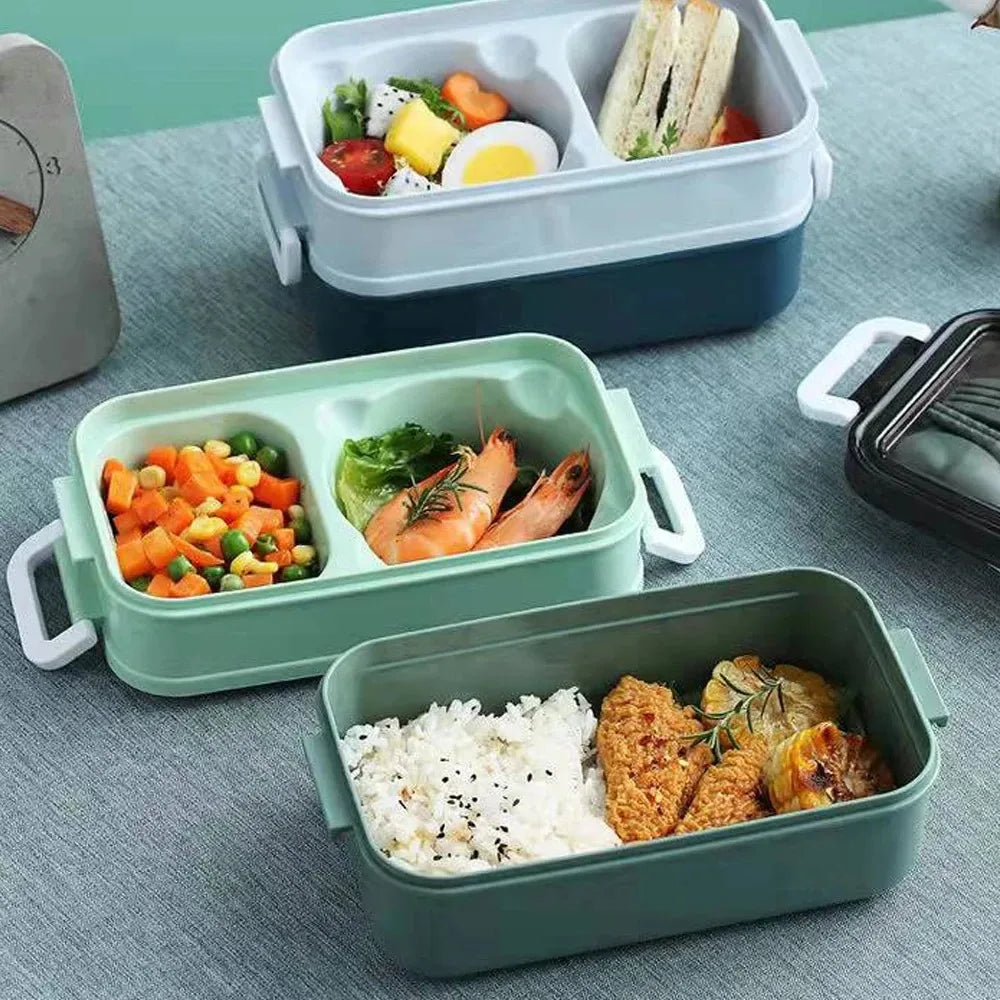 3-Compartment Leakproof Bento Lunch Box – Microwave Safe with Fork & Spoon