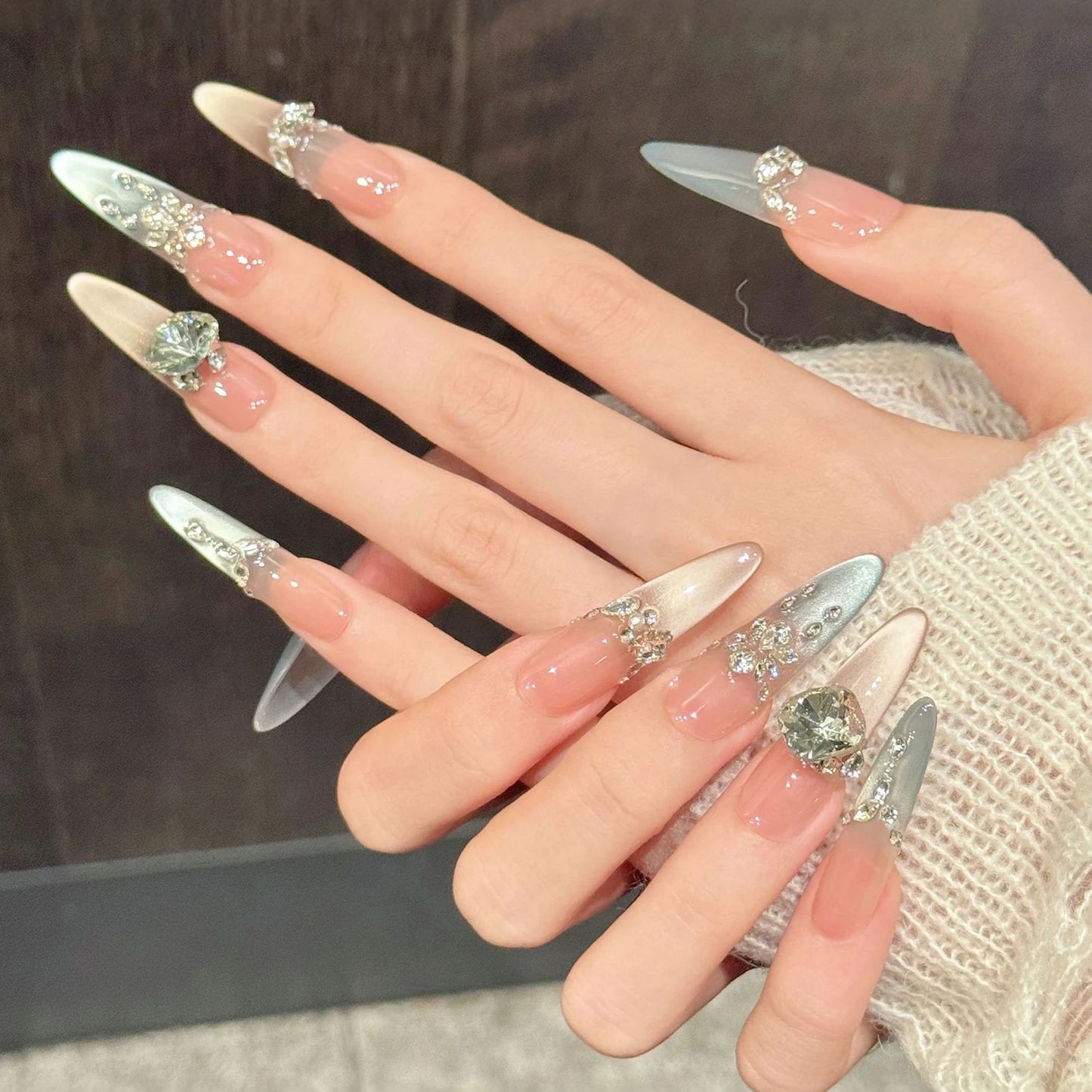 Icy Aurora Press On Nails – Almond Rhinestone Tips 10pcs