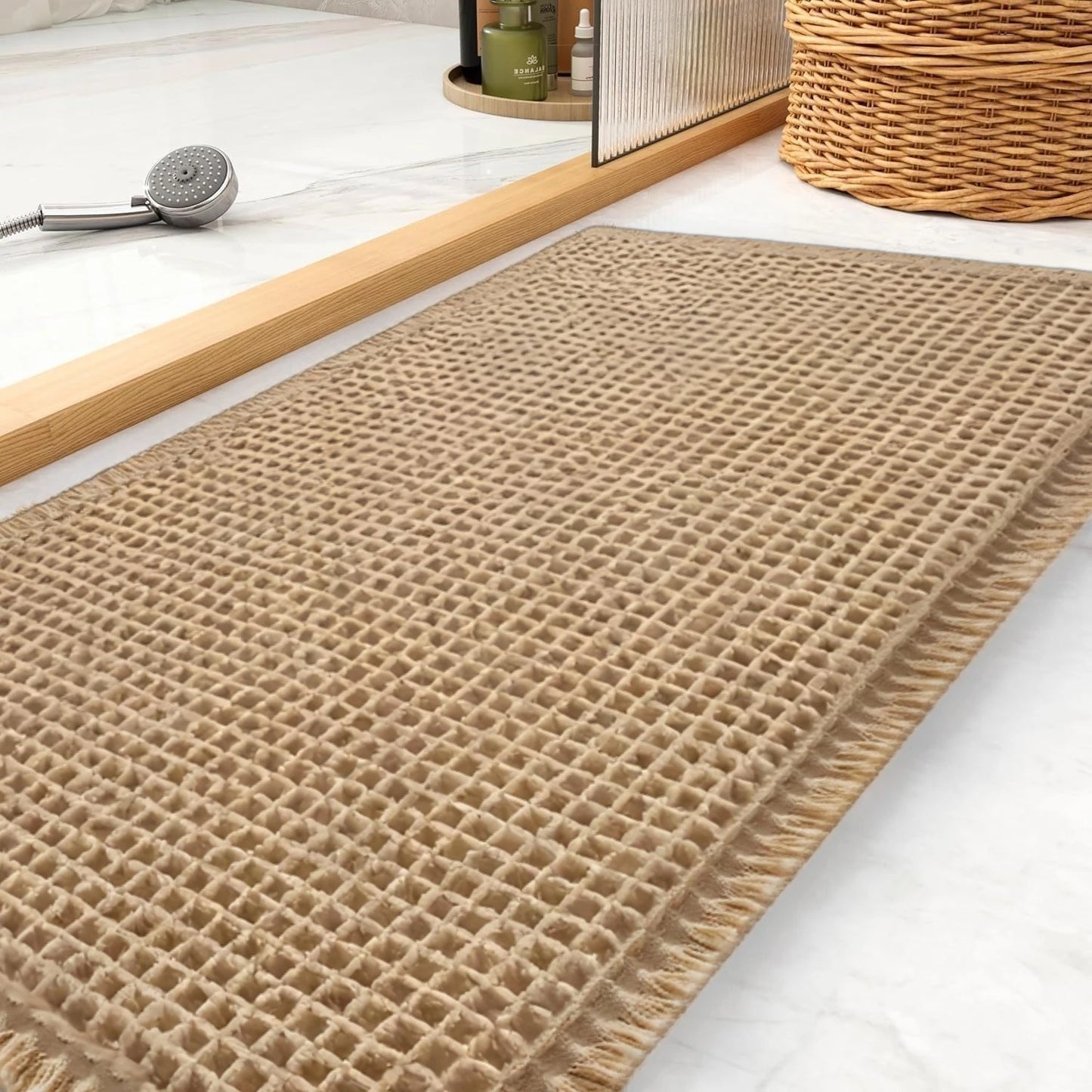 Super Absorbent Bath Mat with Non Slip Backing Waffle Textured Bathroom Rug for Shower Tub Quick-Dry Bath Mat Floor Protection Peaceful Pleasures Health and Wellness Khaki 40x60cm and 50x120cm