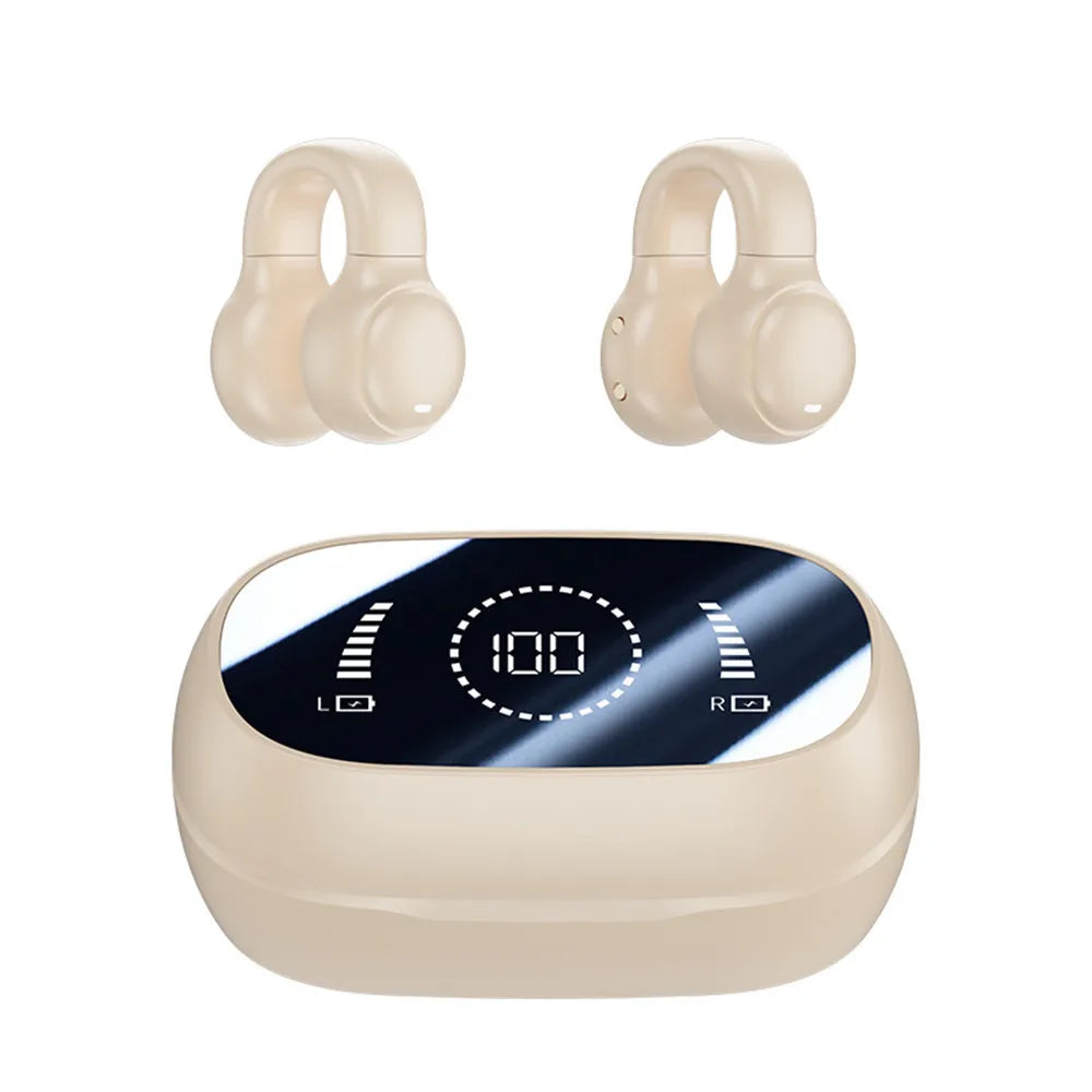 Ear-Clip Wireless Headphones Bluetooth Headset With Mic Handsfree Noise Canceling Earphones Clip Ear Music Sports Gaming Earplug Peaceful Pleasures Health and Wellness Beige