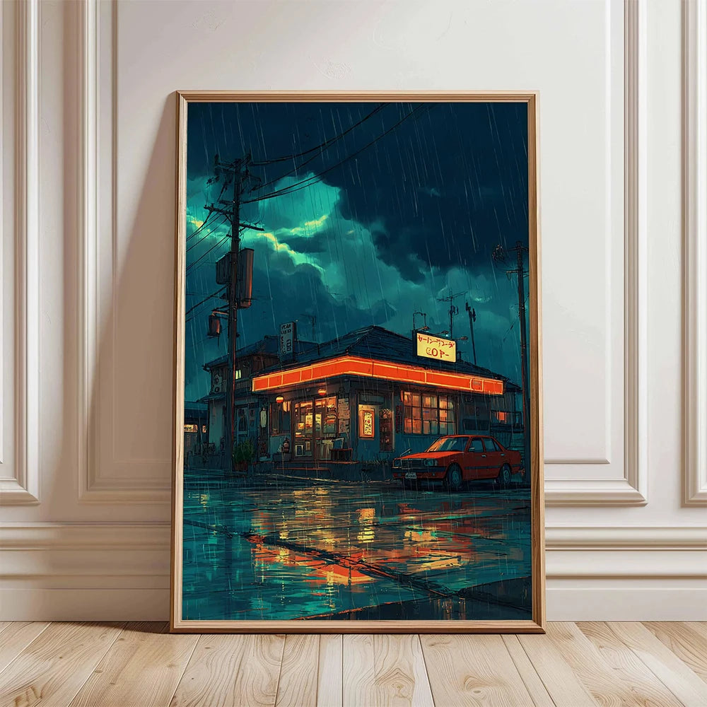 Retro Japanese City Rain Canvas Wall Art Poster | Frameless Canvas Wall Art Peaceful Pleasures Health and Wellness TL678 50x70cm Unframed