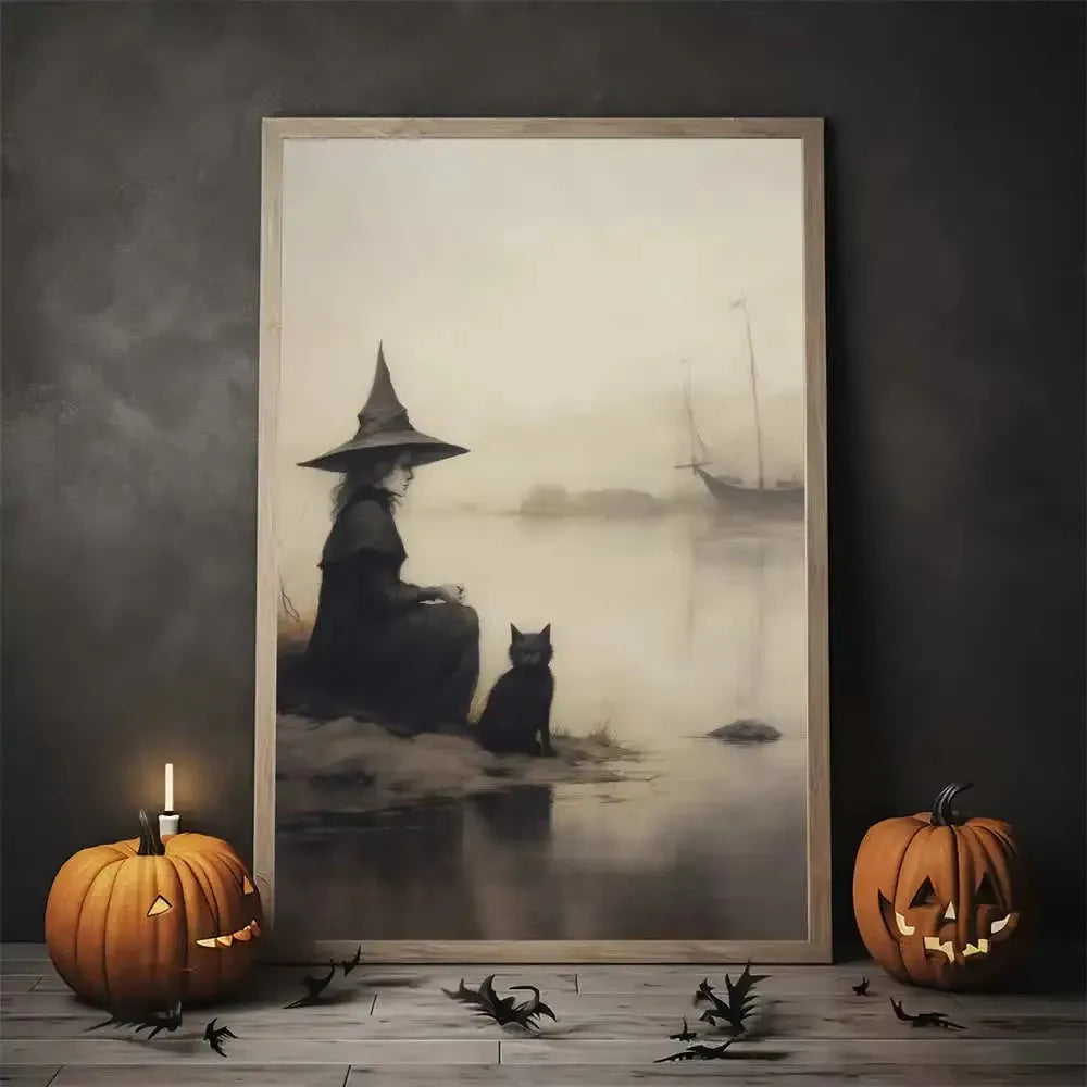 Nordic Style Halloween Poster Aesthetics Ghost Witch Witchcraft Black Cat Pumpkin Canvas Painting Wall Art Room Home Decor Peaceful Pleasures Health and Wellness ZLH5325 100x150cm No Frame