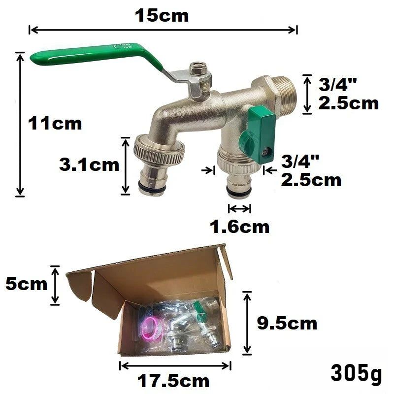 3/4" Dual Outlet Zinc Alloy Garden Faucet Y-Splitter Tap