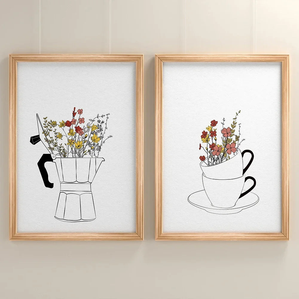 Coffee Lover Canvas Wall Art | Nordic Floral Cup Print Poster Canvas Wall Art Peaceful Pleasures Health and Wellness