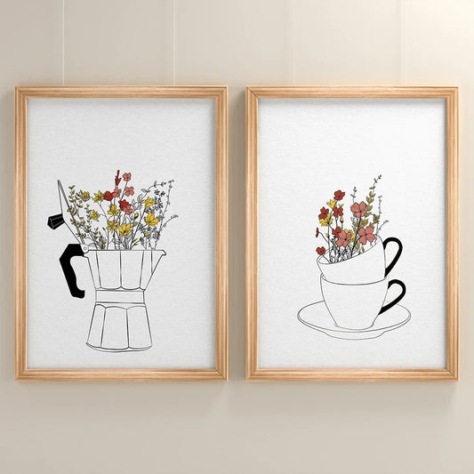 Coffee Lover Canvas Wall Art | Nordic Floral Cup Print Poster Canvas Wall Art Peaceful Pleasures Health and Wellness