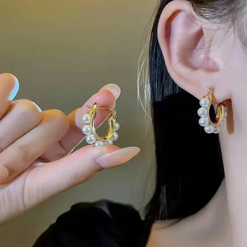 Gold Pearl U-Shaped Hoop Earrings for Women | Wedding Party
