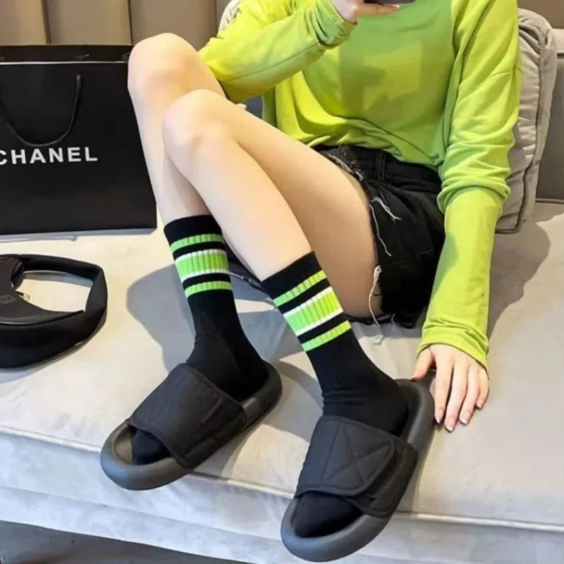 Striped Cotton Crew Socks Korean Streetwear Mid-Calf 10 Pairs