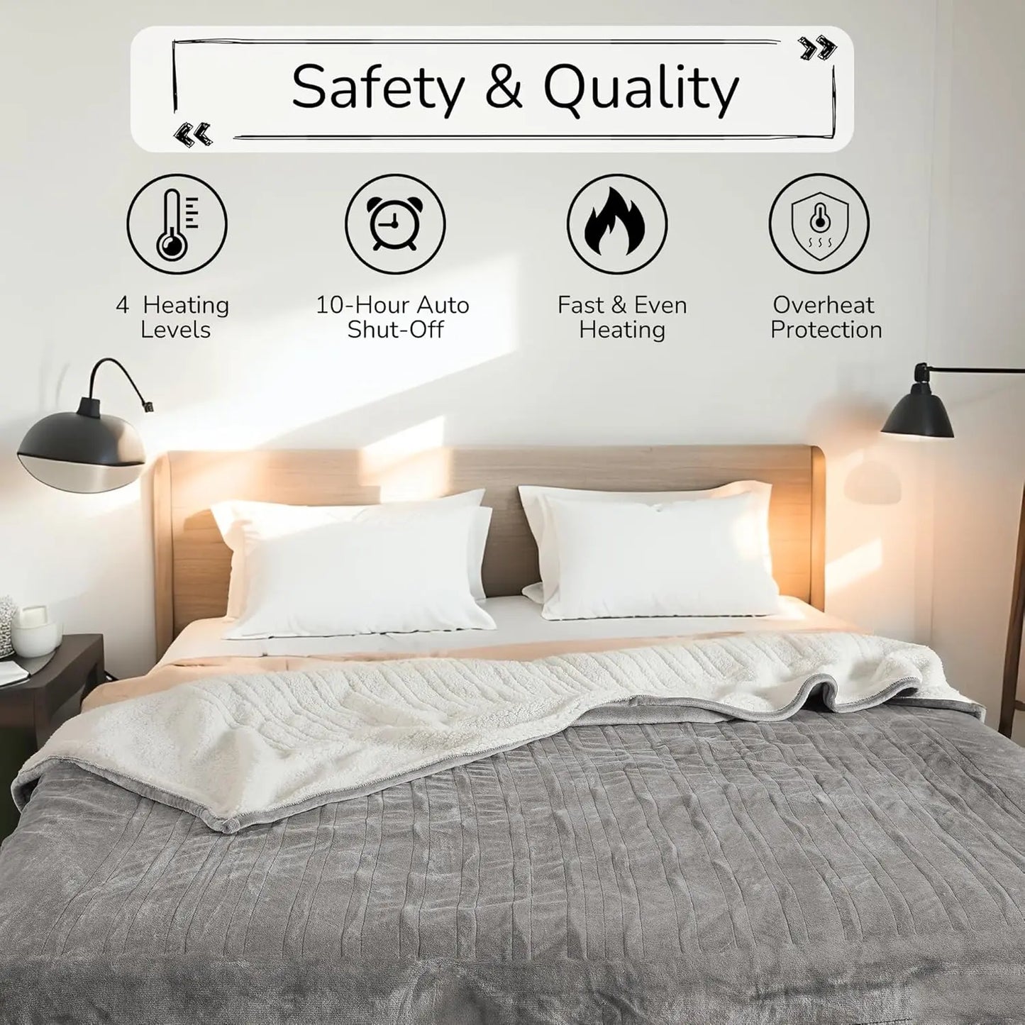 Bed with a heating blanket, surrounded by safety and quality features on a light background.