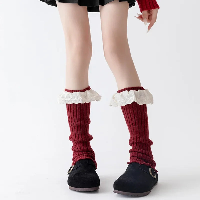 Fashionable Versatile Socks for Women Autumn Winter Red Legs Set Lolita Korean Lace Year Christmas Red Ballet Style JK Calf Sock Peaceful Pleasures Health and Wellness F One Size