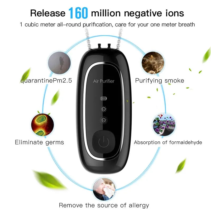 Air Purifier Wearable Personal USB Rechargeable Air Cleaner Purifier High Efficiency Energy Saving Negative Ions Peaceful Pleasures Health and Wellness