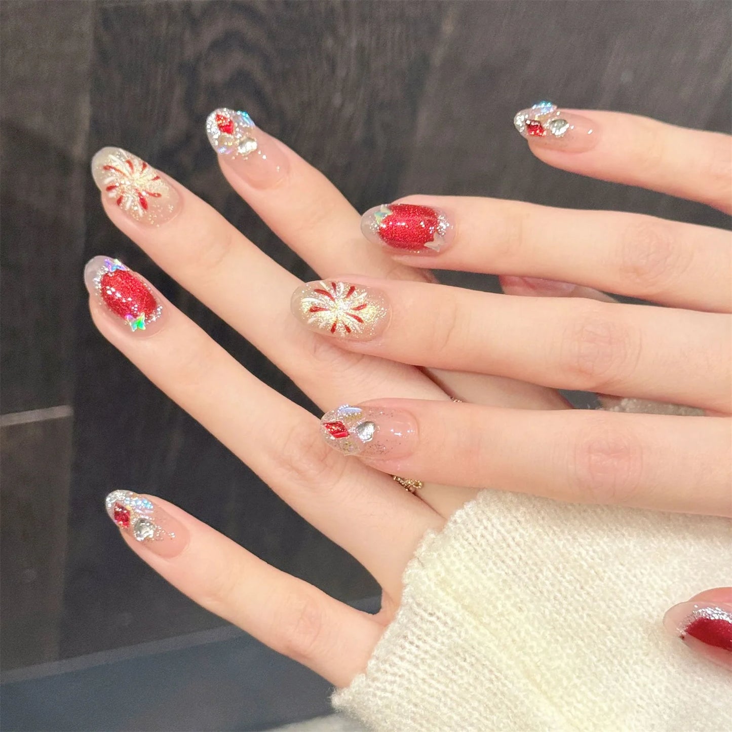 10pcs Cat's Eye Press-On Nails | Rhinestone New Year Fake Nails