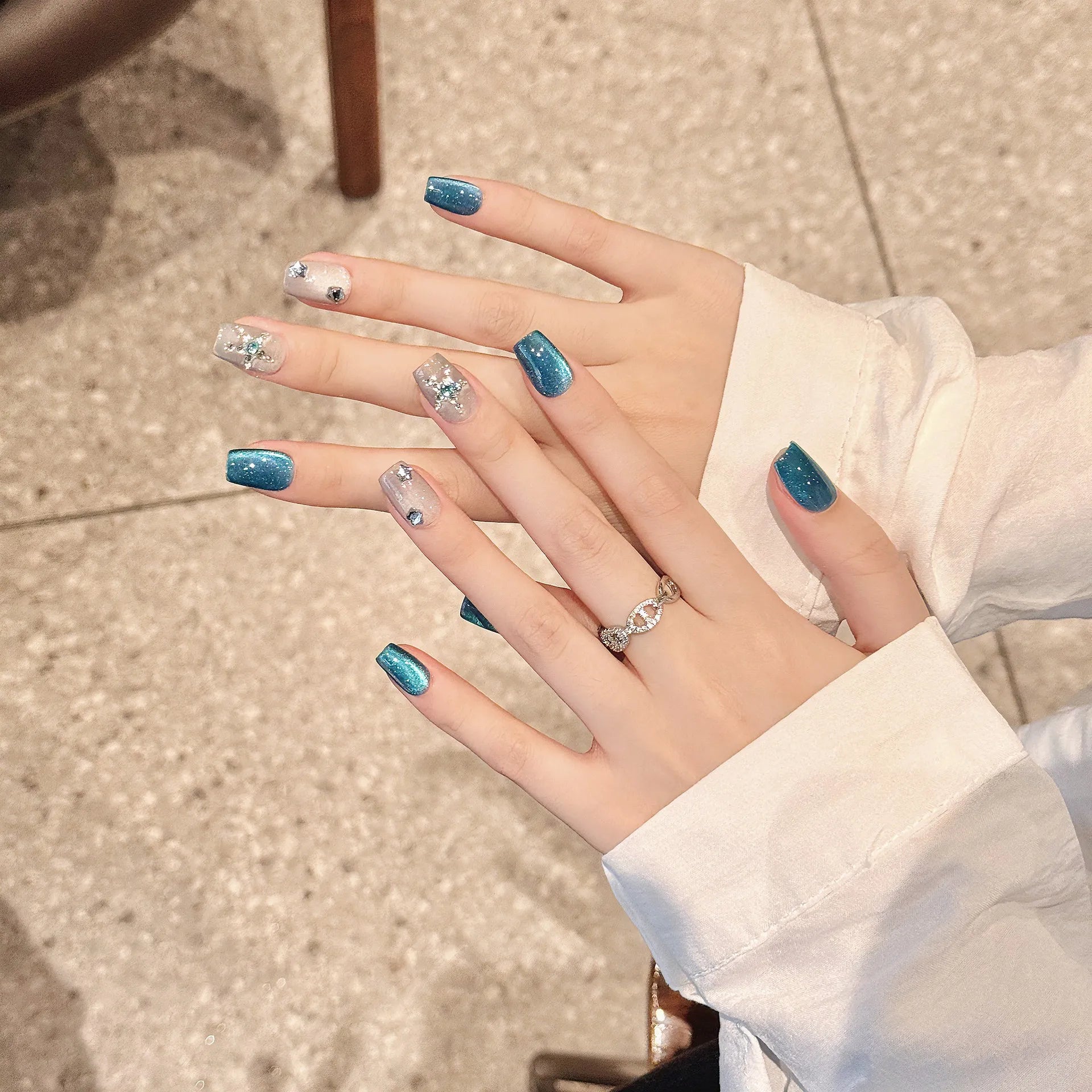Handmade Press on Nails Ice Clear Blue Cat Eye Fake Nail Tips with Star Rhinestone Wearable Detachable Shiny Short False Nails Peaceful Pleasures Health and Wellness
