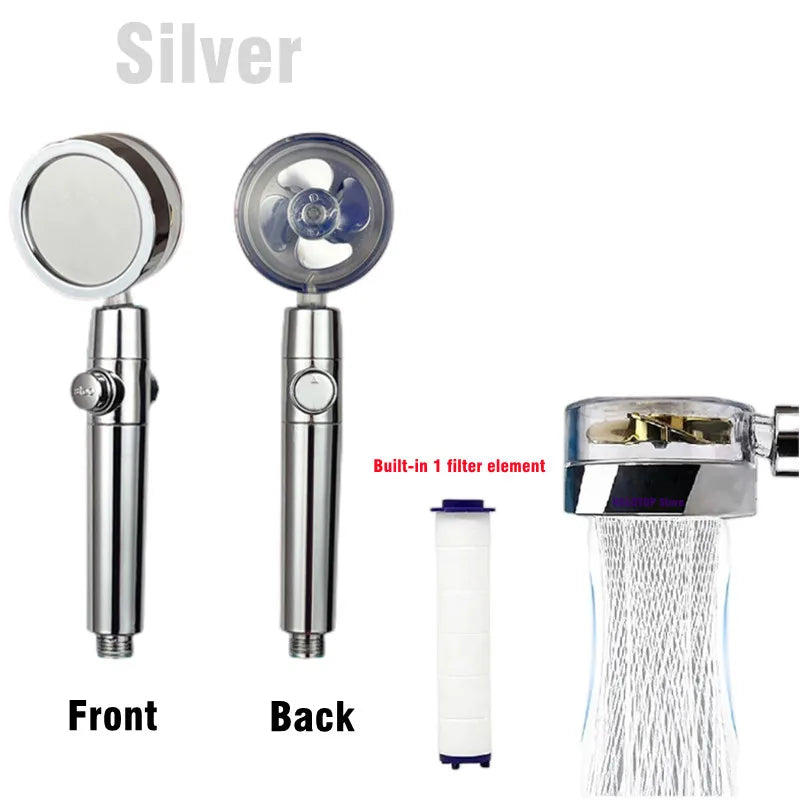 360 Degrees Rotation Turbo Fan Shower Head High Pressure Water Saving Spray Adjustable Showerhead Filters Bathroom Accessories Peaceful Pleasures Health and Wellness Silver