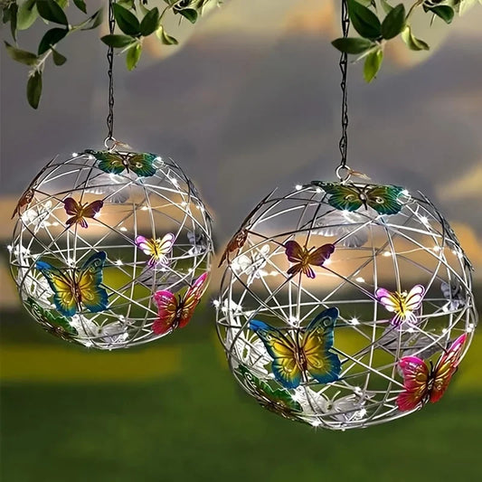 Outdoor Solar Ball Light with Butterfly LIght Decorative Hanging Lamp LED Waterproof Garden Hanging Light Yard Decoration Night Peaceful Pleasures Health and Wellness