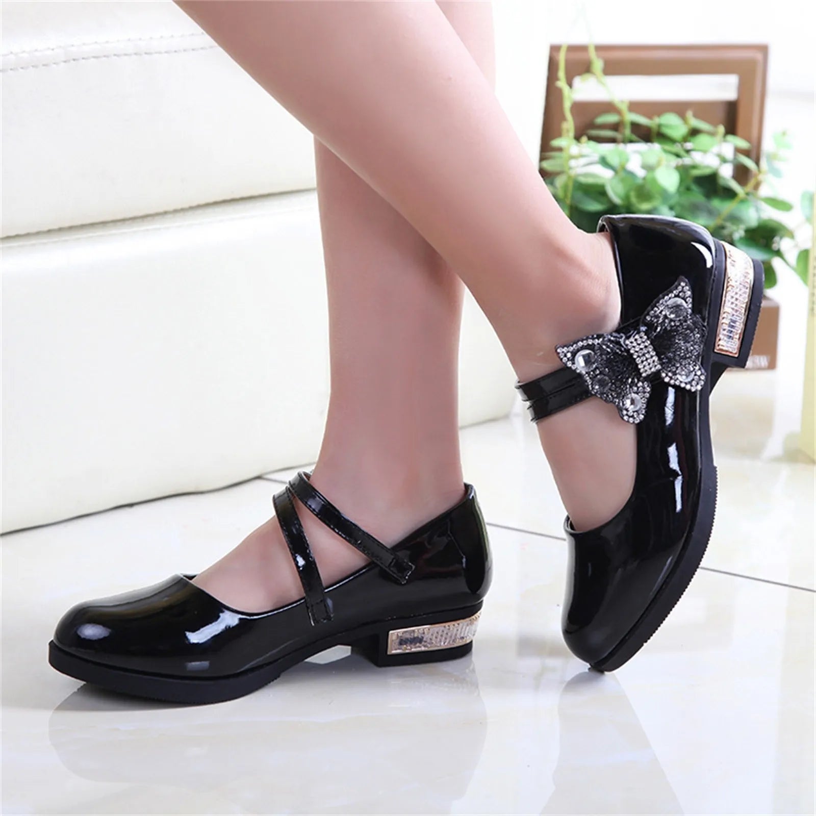 Girls Leather Shoes for Party Wedding Kids Performance Shoes with Butterfly-knot Fashion Children High Heels Rhinestone Shoes Peaceful Pleasures Health and Wellness 30 Black
