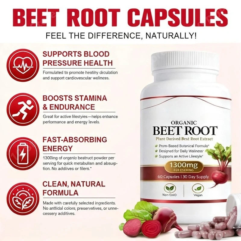 Organic Beet Root Capsules 1300mg | Vegan Supplement 60ct