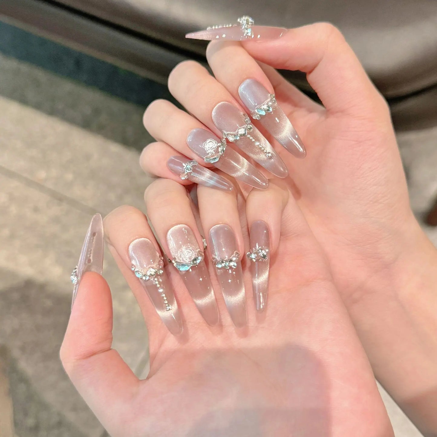 Handmade Press on Nails Glitter Rhinestone Purple Cat Eye Fake Nails Full Cover Wearable European Long Oval Head False Nails Peaceful Pleasures Health and Wellness