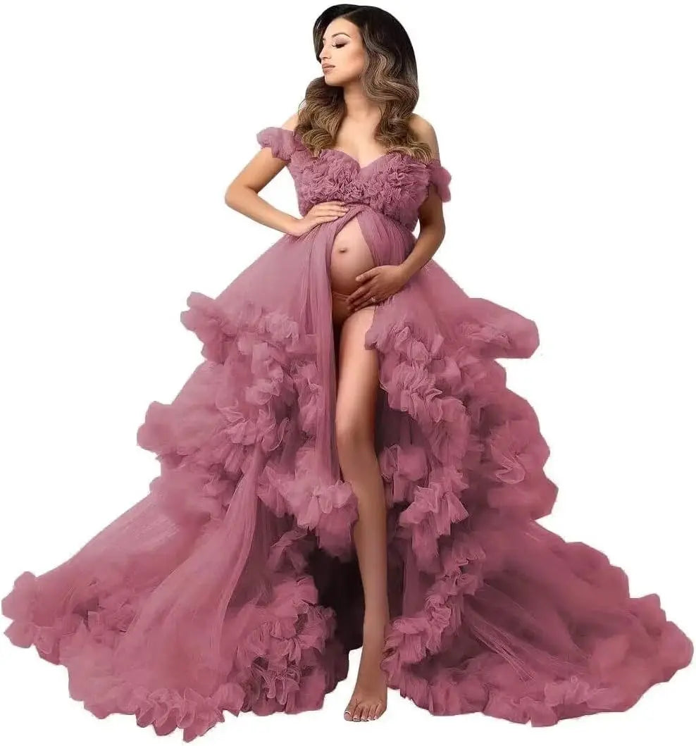 Photoshoot & Baby Shower Tulle Maternity Dress - Puffy Ruffles, Sheer Design, Bridal Lingerie Bathgown for Pregnancy Peaceful Pleasures Health and Wellness Desert Rose US 18W