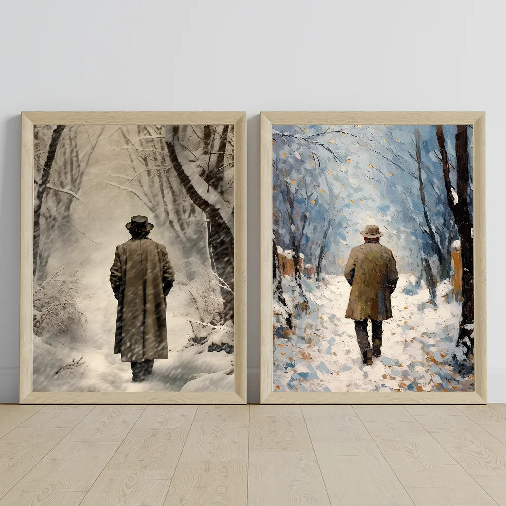 Winter PlantWall Art, Watercolor Walking Man Canvas Painting, Nordic Snowy Landscape Poster Print for Bedroom Living Room Décor Peaceful Pleasures Health and Wellness