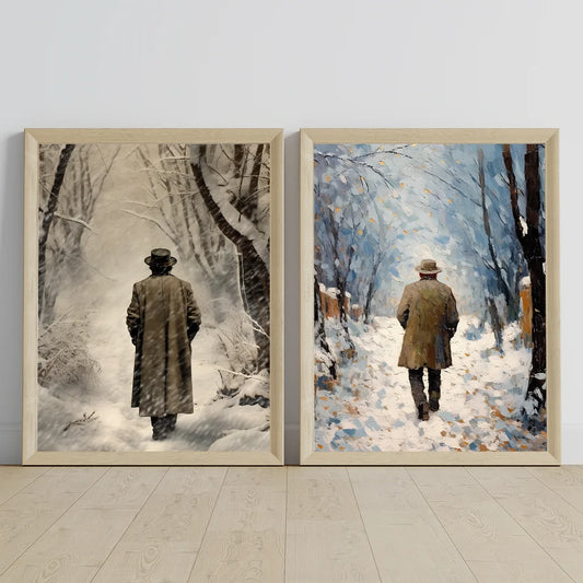 Winter PlantWall Art, Watercolor Walking Man Canvas Painting, Nordic Snowy Landscape Poster Print for Bedroom Living Room Décor Peaceful Pleasures Health and Wellness